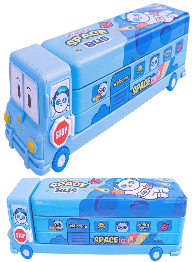 LONGMIRE Plastic Space School Bus Shaped Pencil Box for Kids with Wheels and Sharpener Metal Bus Pencil Box for Boys Multicolor - Image 1